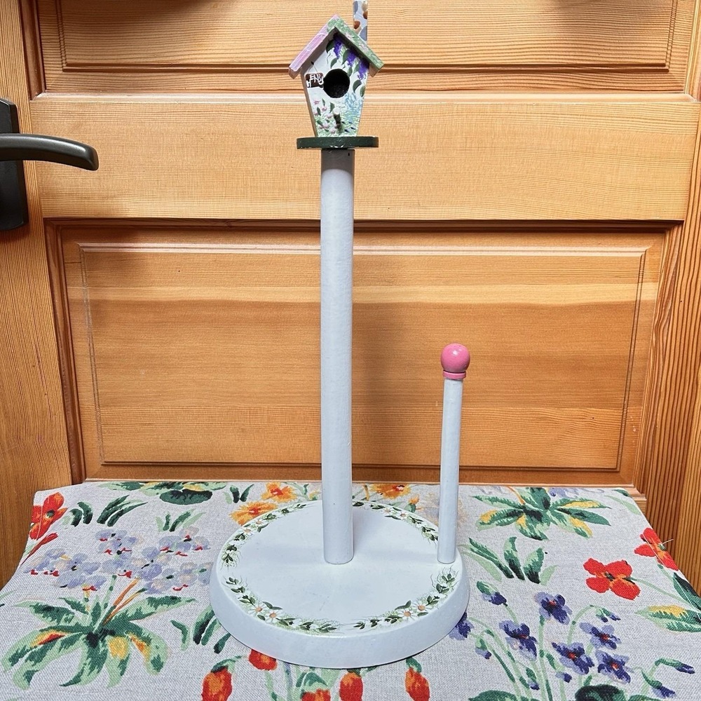 VTG Hand-Painted Bird House Floral Paper Towel Holder Wood Cottage Fairy Farm